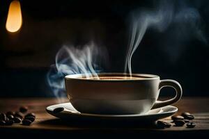 une tasse de café avec vapeur en hausse de il sur une en bois tableau. généré par ai photo
