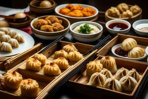 une table avec beaucoup différent les types de Dumplings. généré par ai photo