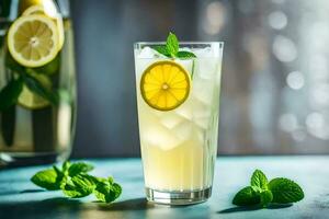 une verre de limonade avec menthe feuilles et une citron tranche. généré par ai photo