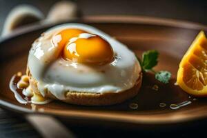 un Oeuf sur une assiette avec un Orange tranche. généré par ai photo