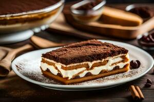 une tranche de tiramisu dessert sur une plaque. généré par ai photo