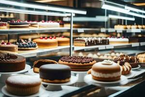 une boulangerie afficher Cas avec beaucoup différent les types de Gâteaux. généré par ai photo