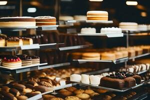 beaucoup différent les types de Gâteaux sont sur afficher dans une boulangerie. généré par ai photo