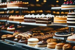 une variété de Gâteaux sont sur afficher dans une boulangerie. généré par ai photo