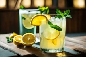 deux des lunettes de limonade avec menthe feuilles sur une en bois tableau. généré par ai photo