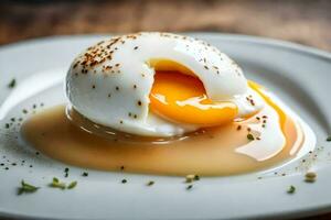 un Oeuf sur une blanc assiette avec sauce. généré par ai photo