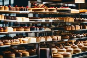 beaucoup différent les types de des pâtisseries sont sur afficher dans une boulangerie. généré par ai photo