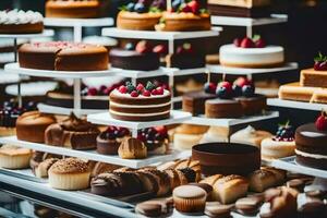 beaucoup différent les types de Gâteaux sont affiché sur une étagère. généré par ai photo