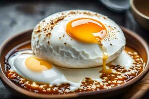 un Oeuf est étant bruine avec sauce. généré par ai photo