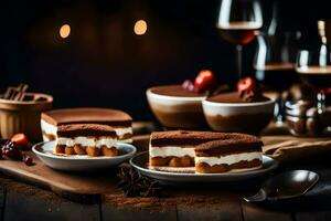 deux desserts sur assiettes avec du vin et bougies. généré par ai photo