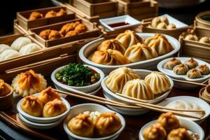 une variété de Dumplings et autre nourriture sur une plateau. généré par ai photo