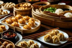 une table avec beaucoup différent les types de Dumplings. généré par ai photo