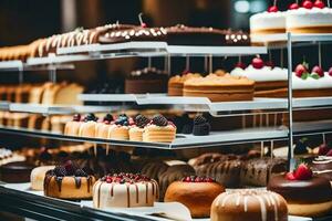 beaucoup différent les types de Gâteaux sont sur afficher dans une boulangerie. généré par ai photo