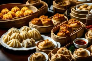 une table rempli avec divers les types de Dumplings. généré par ai photo