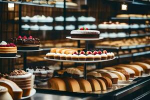 beaucoup différent les types de Gâteaux sont sur afficher dans une boulangerie. généré par ai photo