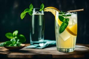 deux des lunettes de limonade avec menthe feuilles et citron tranches. généré par ai photo