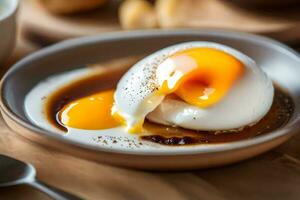 un Oeuf est étant servi sur une assiette avec sirop. généré par ai photo