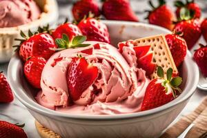 une bol de la glace crème avec des fraises et craquelins. généré par ai photo