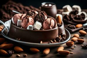 Chocolat la glace crème avec amandes et guimauves. généré par ai photo