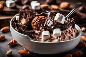 Chocolat la glace crème avec guimauves et amandes dans une bol. généré par ai photo