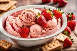 une bol de fraise la glace crème avec des fraises et craquelins. généré par ai photo