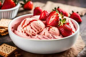 fraise la glace crème dans une bol avec une bol de craquelins. généré par ai photo