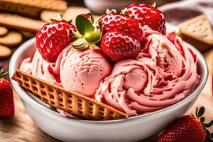 une bol de la glace crème avec des fraises et gaufres. généré par ai photo