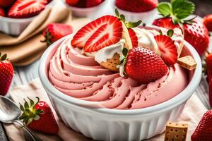une bol de fraise la glace crème avec fouetté crème et des fraises. généré par ai photo