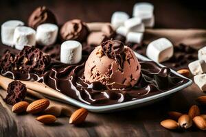 Chocolat la glace crème avec guimauves et amandes. généré par ai photo