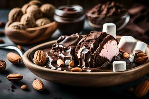 Chocolat la glace crème avec guimauves et amandes. généré par ai photo