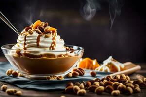 caramel la glace crème avec des noisettes et caramel sauce dans une verre bol. généré par ai photo