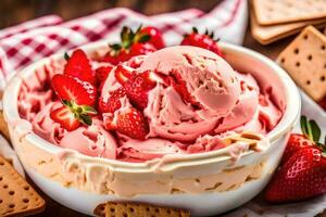 une bol de la glace crème avec des fraises et craquelins. généré par ai photo