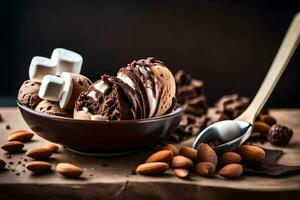 Chocolat la glace crème dans une bol avec amandes. généré par ai photo