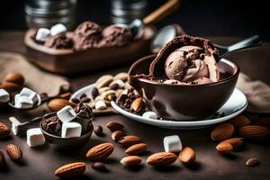 Chocolat la glace crème avec amandes et guimauves. généré par ai photo