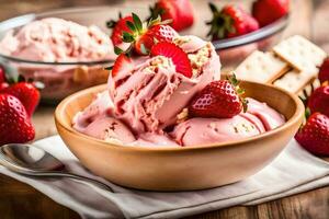 une bol de la glace crème avec des fraises et une cuillère. généré par ai photo