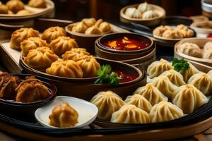 une variété de Dumplings sont arrangé sur une en bois plateau. généré par ai photo