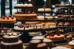 beaucoup différent les types de Gâteaux sont affiché sur une tableau. généré par ai photo