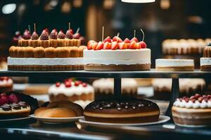 beaucoup différent les types de Gâteaux sont sur afficher dans une boulangerie. généré par ai photo