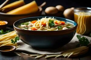 poulet nouille soupe dans une bol avec nouilles et des légumes. généré par ai photo