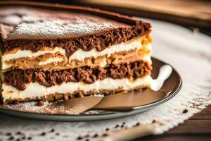 une tranche de Chocolat gâteau sur une plaque. généré par ai photo