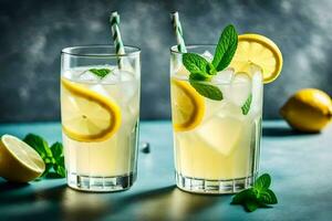 deux des lunettes de limonade avec menthe feuilles et citrons. généré par ai photo