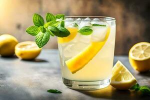 une verre de limonade avec menthe feuilles et tranches de citrons. généré par ai photo