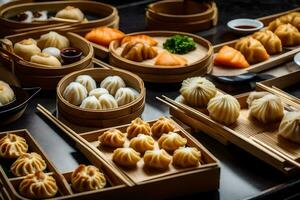 une table avec beaucoup différent les types de Dumplings. généré par ai photo