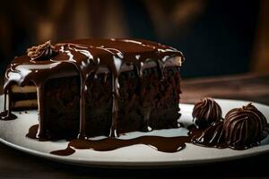 une pièce de Chocolat gâteau avec Chocolat sauce sur Haut. généré par ai photo