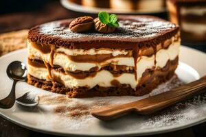 une tranche de Chocolat gâteau avec une pièce manquant. généré par ai photo