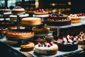 une variété de Gâteaux sont sur afficher dans une boulangerie. généré par ai photo