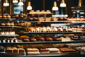 une boulangerie afficher avec beaucoup différent les types de des pâtisseries. généré par ai photo