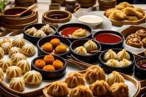 une variété de Dumplings et sauces sont arrangé sur une tableau. généré par ai photo