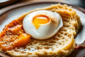 un Oeuf est sur Haut de une gaufre avec une tranche de orange. généré par ai photo