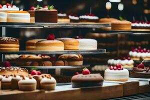 beaucoup différent les types de Gâteaux sont sur afficher dans une boulangerie. généré par ai photo